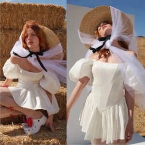 For Love And Lemons Mia Puff Sleeve Mini Bridal Dress Size Medium NWT White